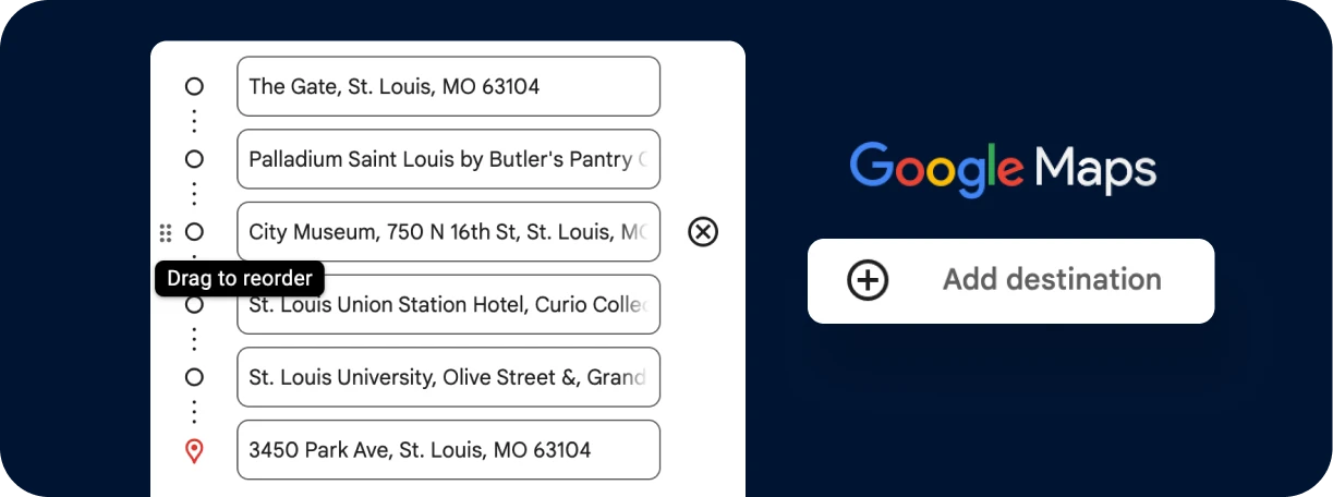 Screenshot showing how to add multiple stops and reorder them in Google Maps