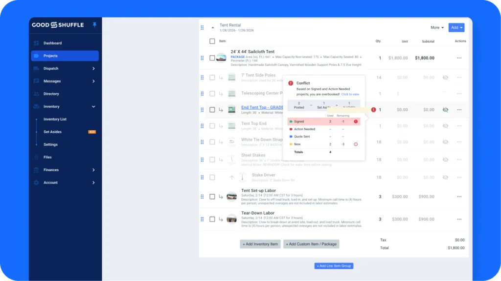 Event rental software showing conflict detection and real-time inventory tracking