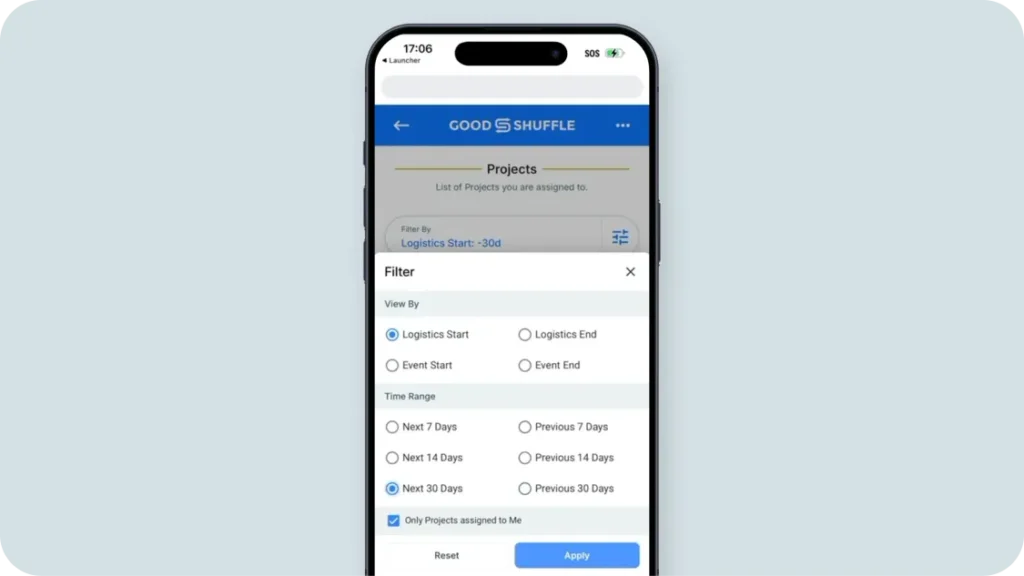 Filter mobile fulfillment project list by last 30 days or next 30 days in Goodshuffle Pro